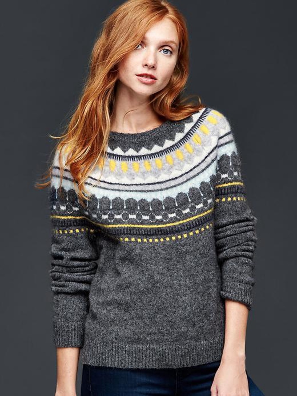 Gap Cozy Gray Fair Isle Knit Sweater with Yellow Accents